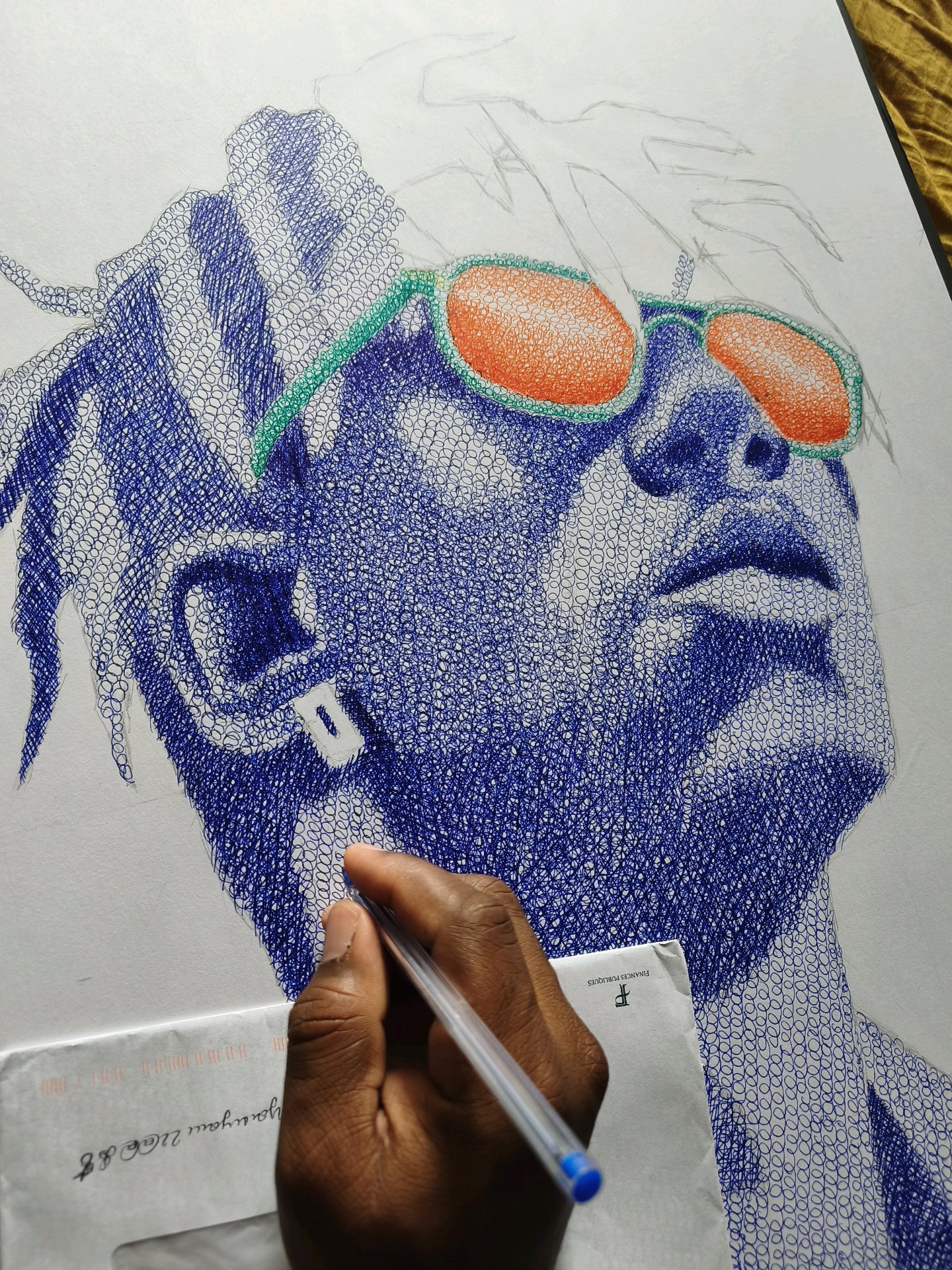 Portrait au stylo à bille bleu — œuvre signature de Guizolartiste